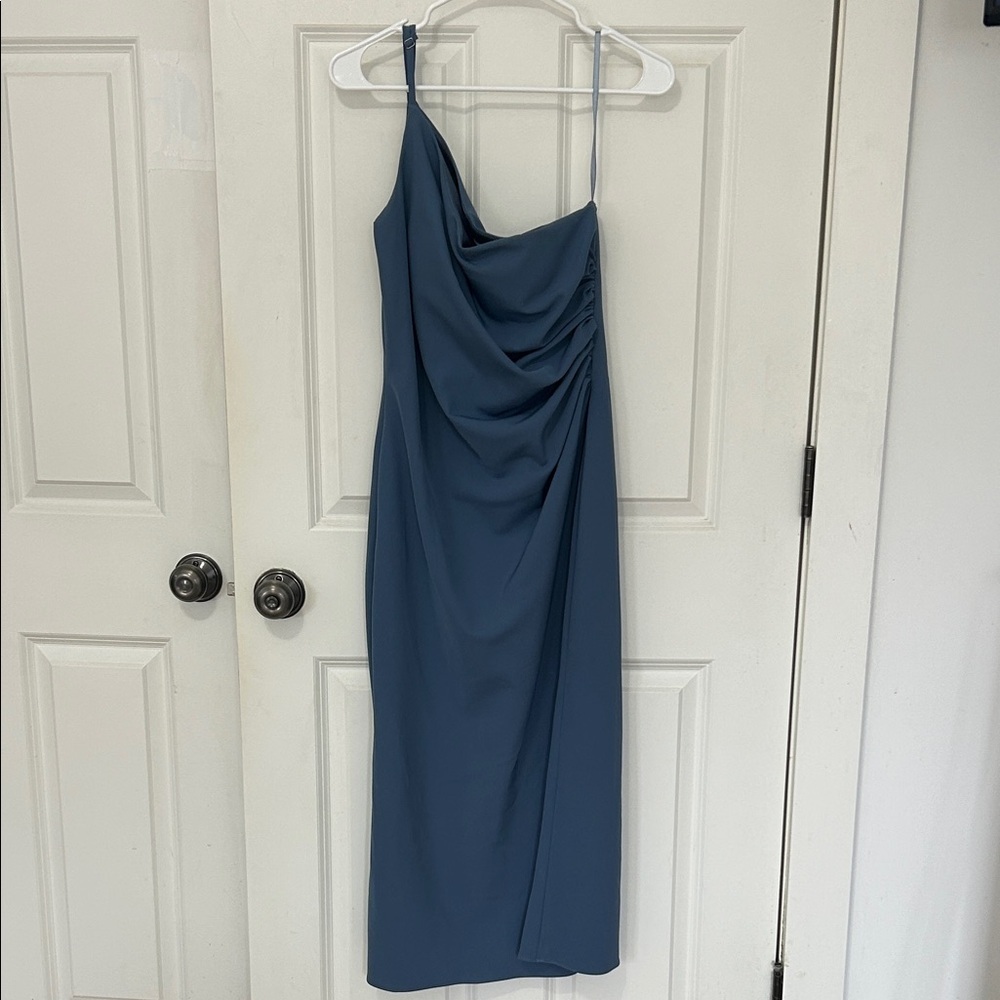 Revelry One-Shoulder Slate Blue Draped Midi Dress size 10 wedding formal dress